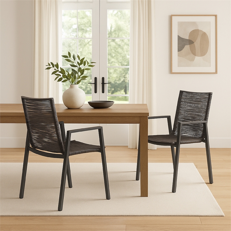 Teny Outdoor Dining Chair Set of 2- Dark Gray Metal. Woven Rope Seat Back