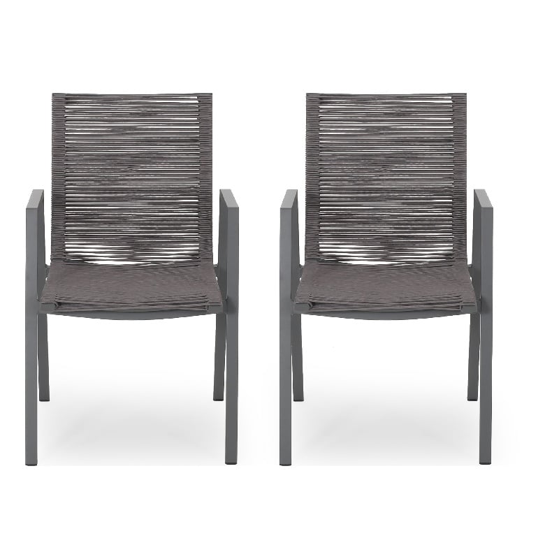 Teny Outdoor Dining Chair Set of 2- Dark Gray Metal. Woven Rope Seat Back