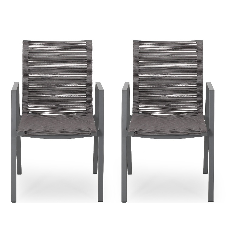 Teny Outdoor Dining Chair Set of 2- Dark Gray Metal. Woven Rope Seat Back