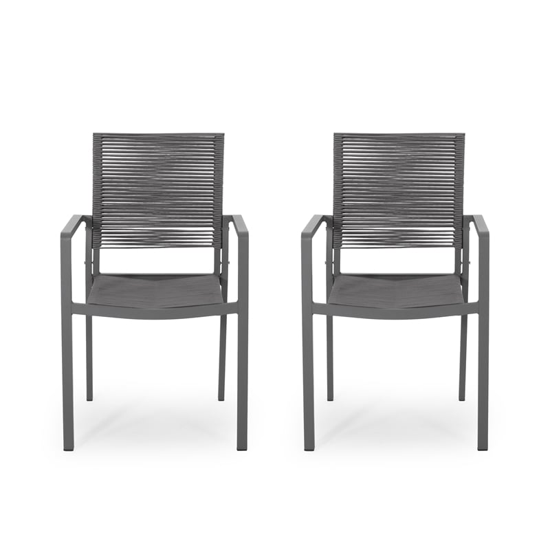 Teny Outdoor Dining Chair Set of 2- Open Back- Woven Rope- Dark Gray Metal