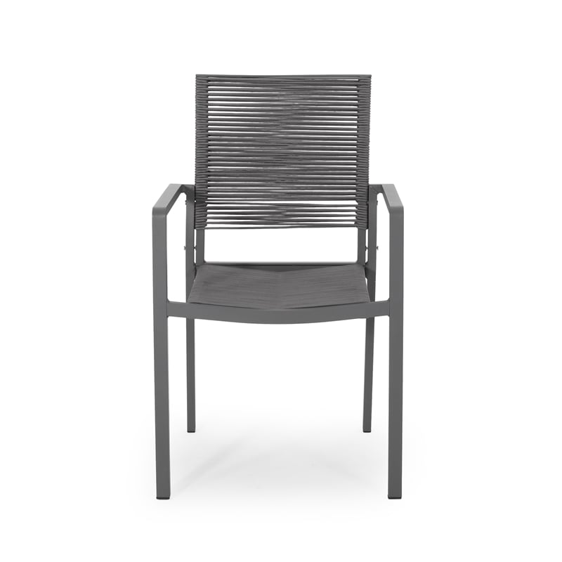 Teny Outdoor Dining Chair Set of 2- Open Back- Woven Rope- Dark Gray Metal
