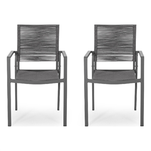 Teny Outdoor Dining Chair Set of 2- Open Back- Woven Rope- Dark Gray Metal