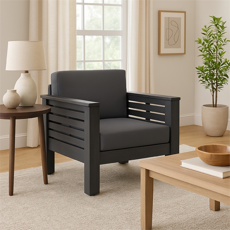 Siyal Outdoor Club Accent Chair Set of 2- Soft Dark Gray- Acacia Wood