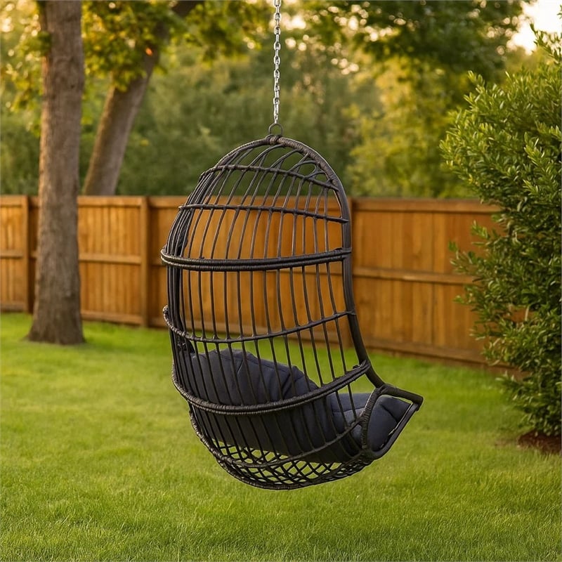 Fam Outdoor Hanging Lounge Chair Swing- Teardrop Design Gray Rattan