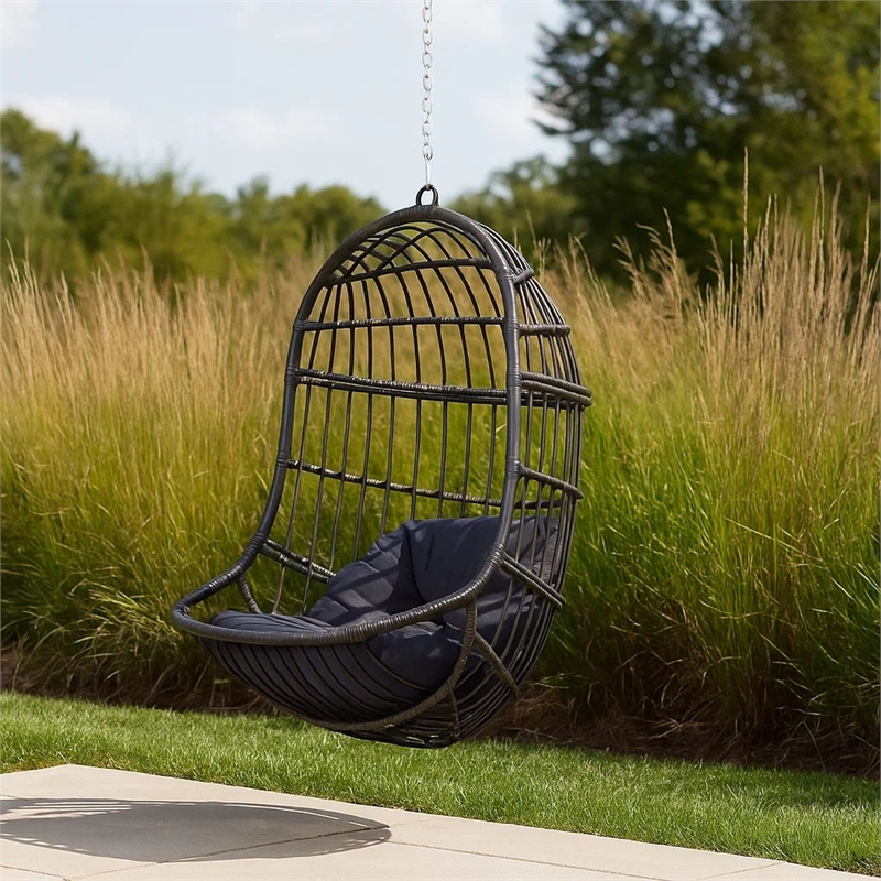 Fam Outdoor Hanging Lounge Chair Swing- Teardrop Design Gray Rattan