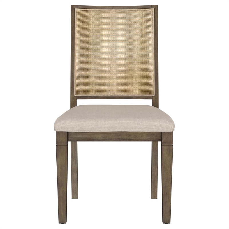Andy Dining Side Chair Set of 2- Woven Rattan- Gray Fabric- Brown Wood