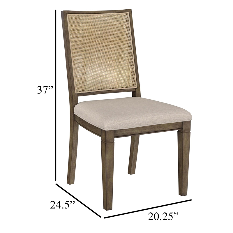 Andy Dining Side Chair Set of 2- Woven Rattan- Gray Fabric- Brown Wood