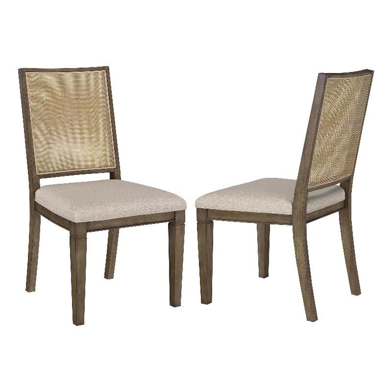 Andy Dining Side Chair Set of 2- Woven Rattan- Gray Fabric- Brown Wood