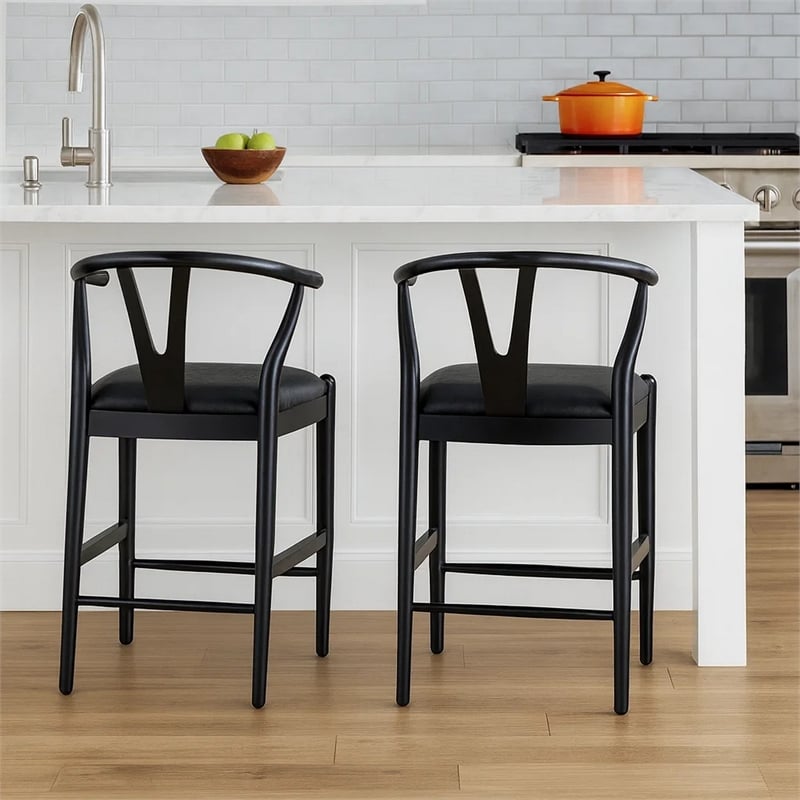 Cera Counter Stool Chair- Faux Leather Seat- Black Rubberwood