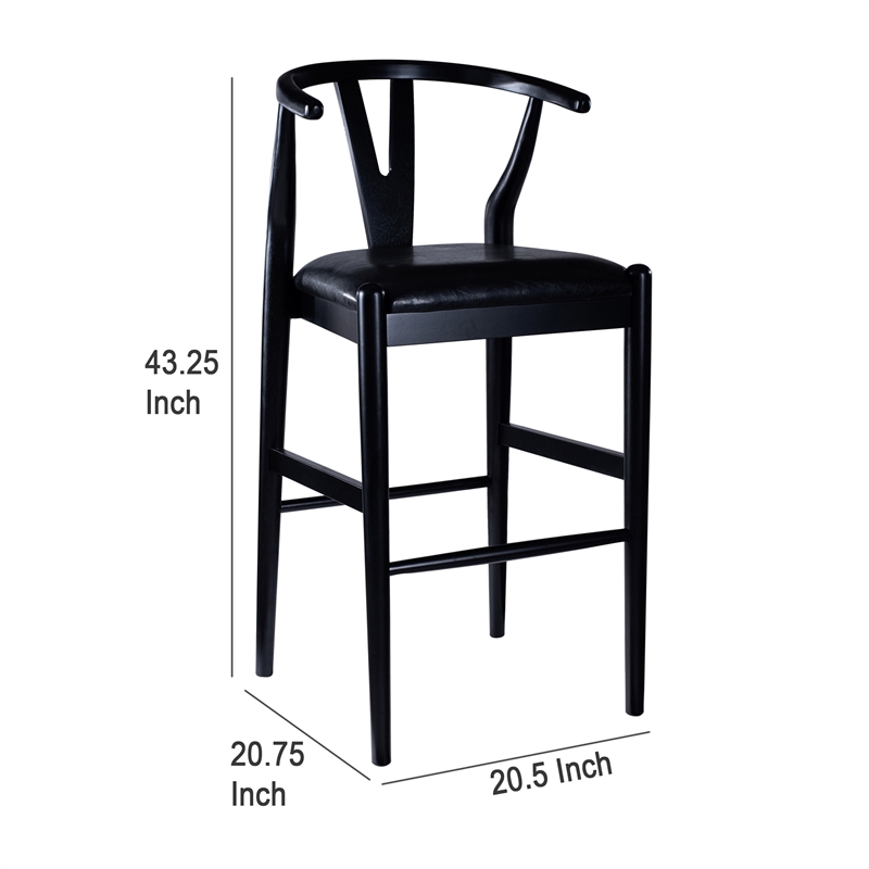 Cera Barstool Chair Set of 2- Rich Faux Leather Seat- Black Rubberwood