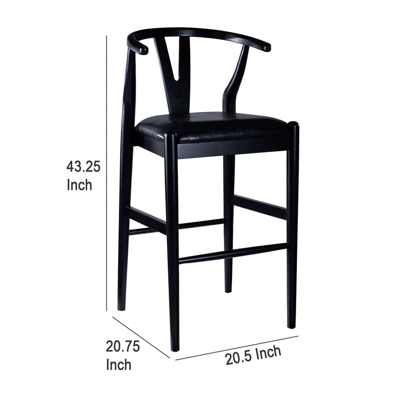 Cera Barstool Chair Set of 2- Rich Faux Leather Seat- Black Rubberwood
