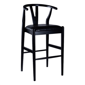 Cera Barstool Chair Set of 2- Rich Faux Leather Seat- Black Rubberwood