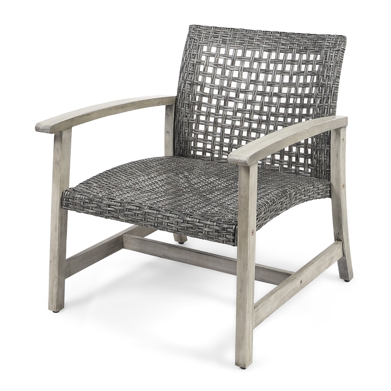 Bops Outdoor Club Chair Set of 2- Graywash Acacia Wood- Gray Wicker