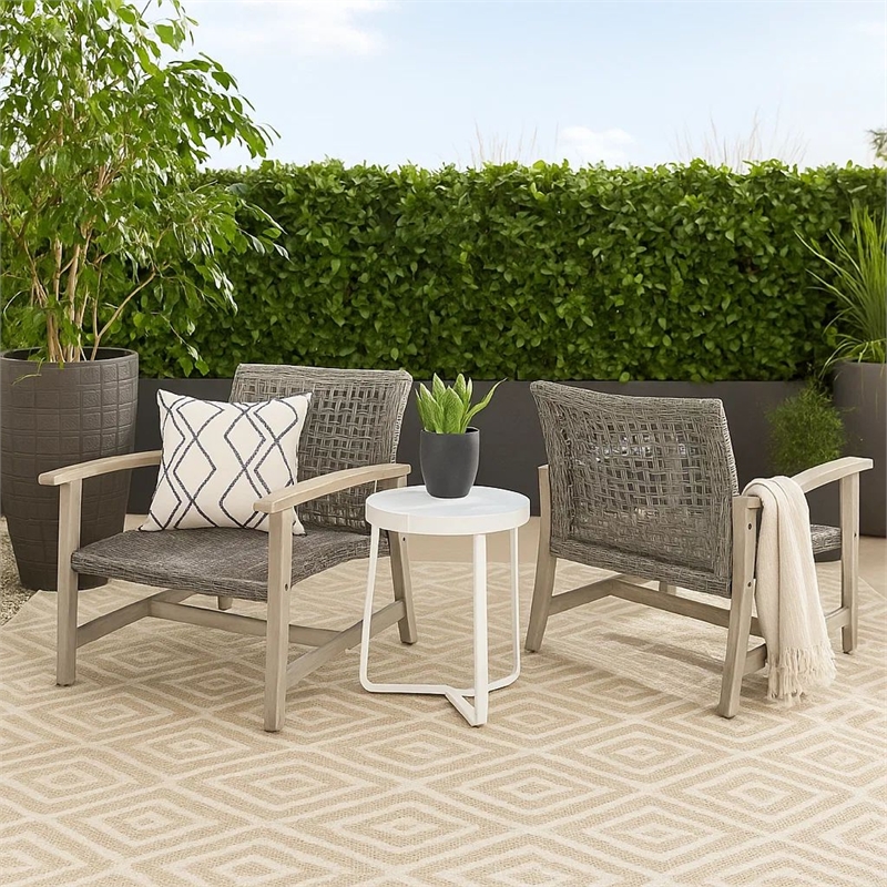 Bops Outdoor Club Chair Set of 2- Graywash Acacia Wood- Gray Wicker