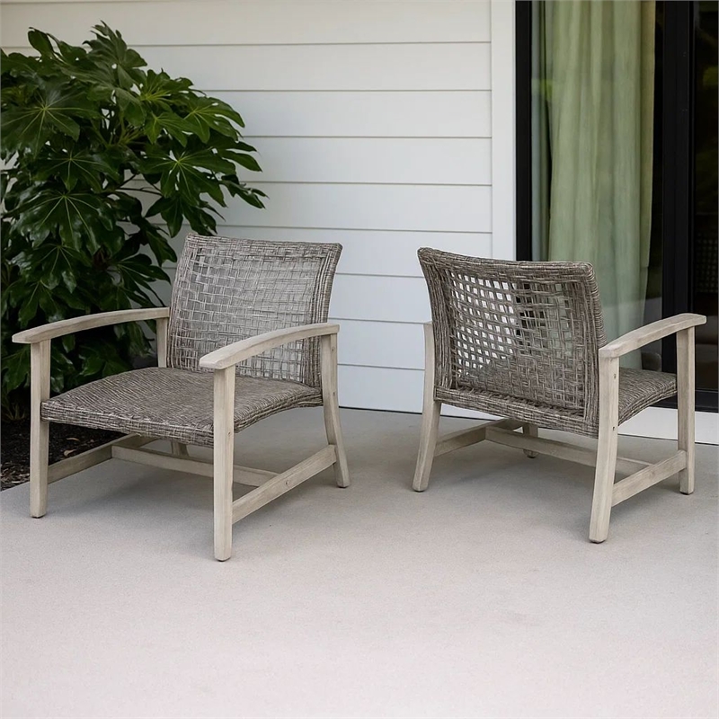 Bops Outdoor Club Chair Set of 2- Graywash Acacia Wood- Gray Wicker