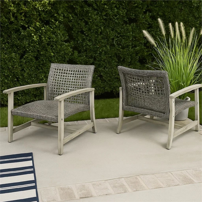Bops Outdoor Club Chair Set of 2- Graywash Acacia Wood- Gray Wicker