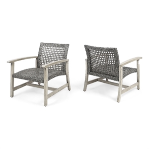 Bops Outdoor Club Chair Set of 2- Graywash Acacia Wood- Gray Wicker
