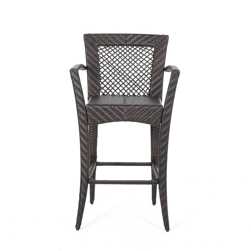 Fela Outdoor Barstool Chair Set of 2- Wicker Woven- Brown Iron Frame