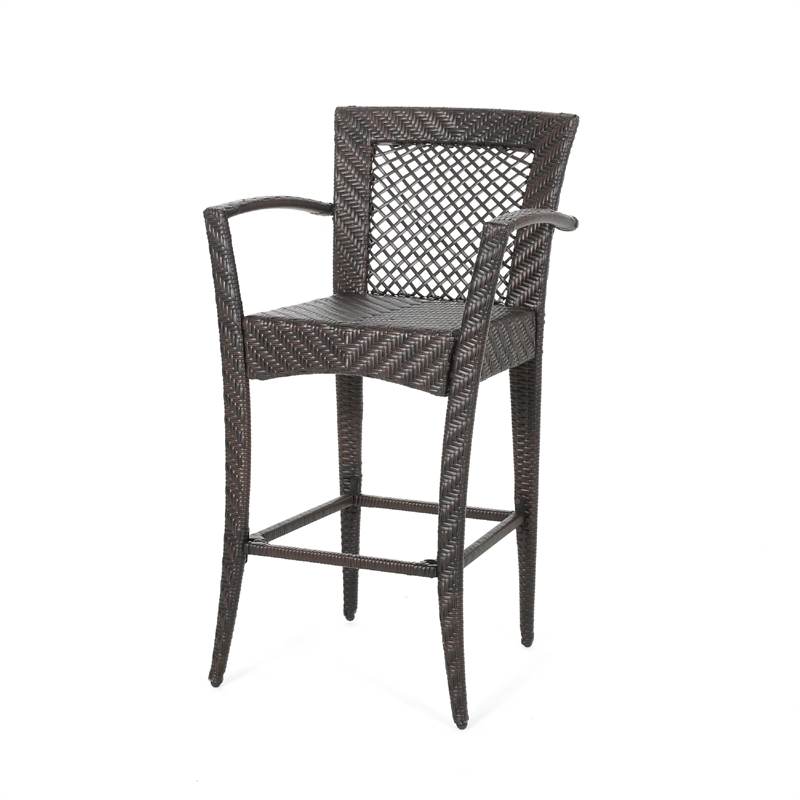 Fela Outdoor Barstool Chair Set of 2- Wicker Woven- Brown Iron Frame