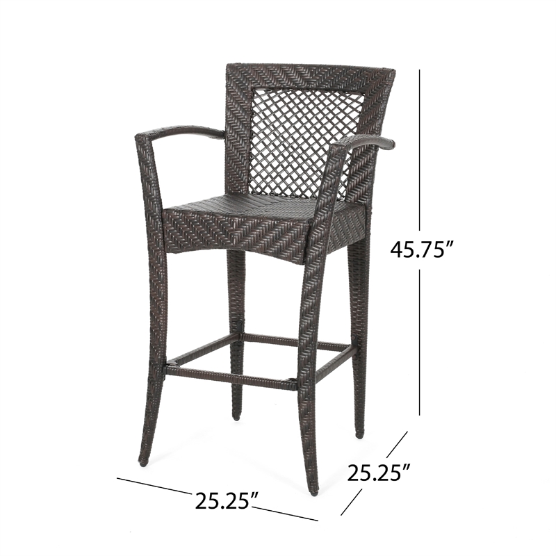 Fela Outdoor Barstool Chair Set of 2- Wicker Woven- Brown Iron Frame