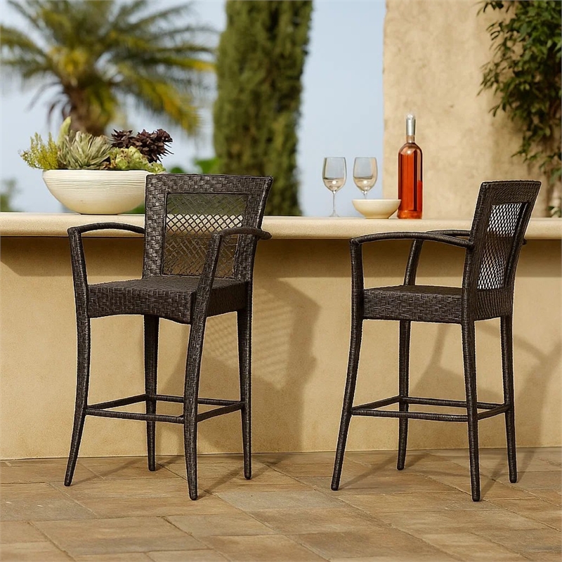 Fela Outdoor Barstool Chair Set of 2- Wicker Woven- Brown Iron Frame