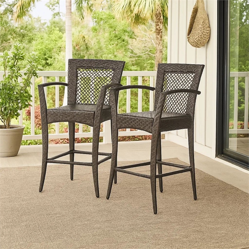 Fela Outdoor Barstool Chair Set of 2- Wicker Woven- Brown Iron Frame