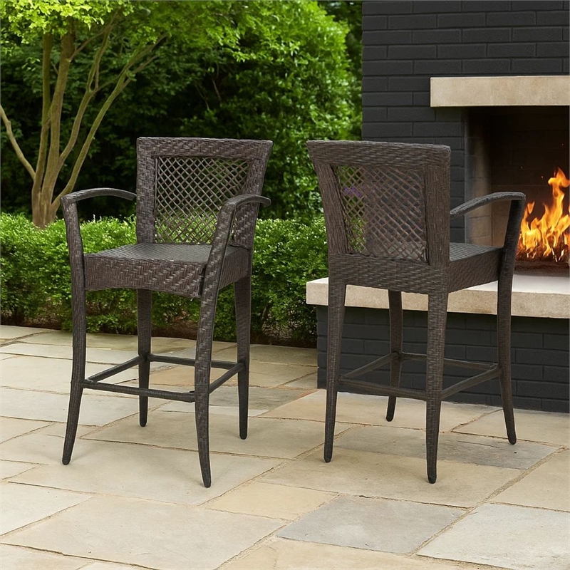 Fela Outdoor Barstool Chair Set of 2- Wicker Woven- Brown Iron Frame