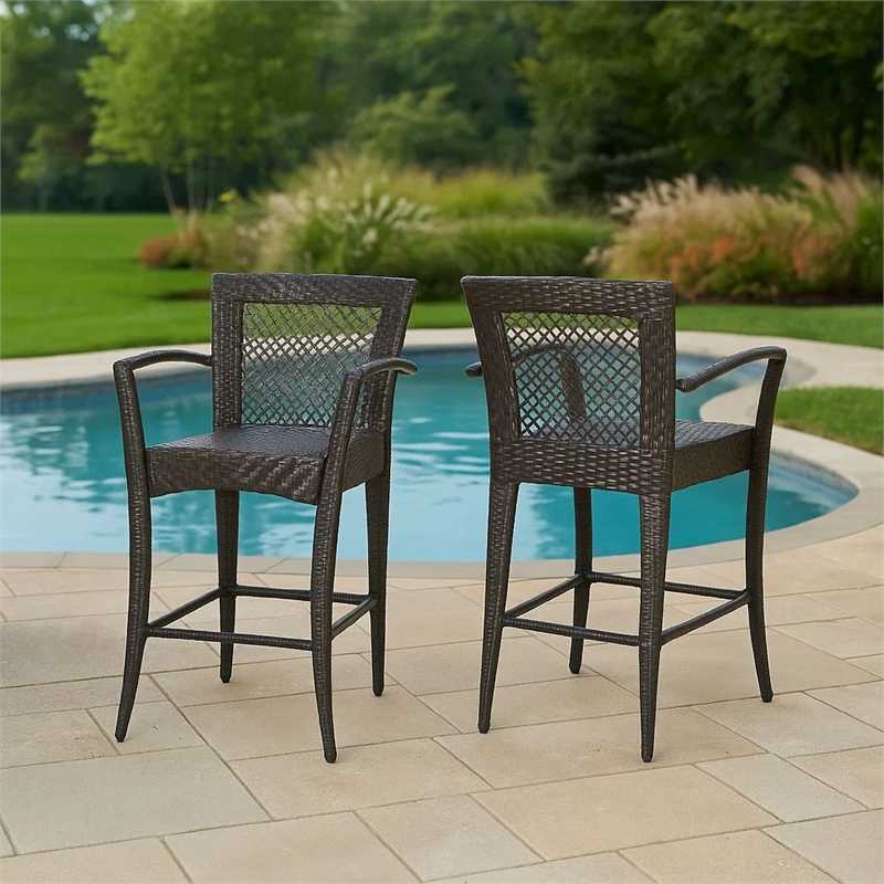 Fela Outdoor Barstool Chair Set of 2- Wicker Woven- Brown Iron Frame