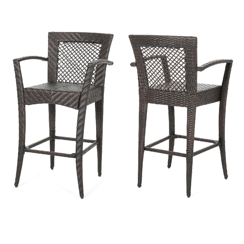 Fela Outdoor Barstool Chair Set of 2- Wicker Woven- Brown Iron Frame
