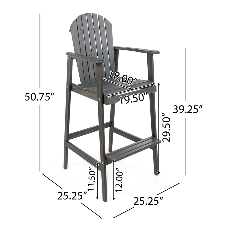 Outdoor Barstool Chair Set of 2- Rustic Slatted Back- Dark Gray Wood