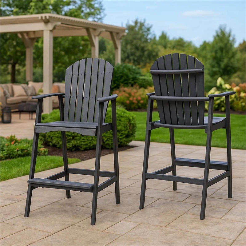 Outdoor Barstool Chair Set of 2- Rustic Slatted Back- Dark Gray Wood