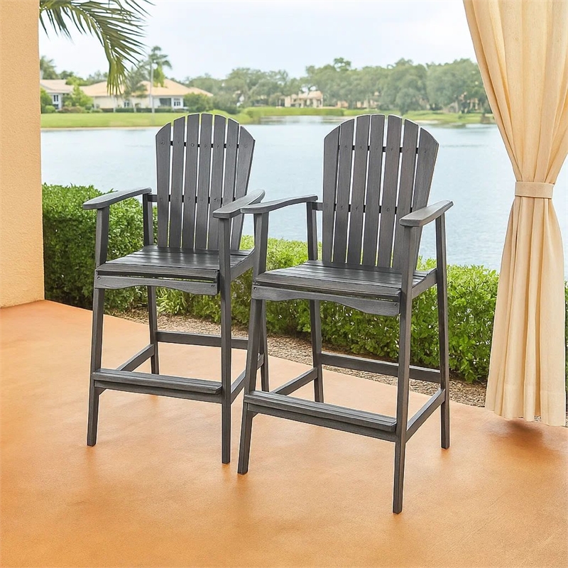 Outdoor Barstool Chair Set of 2- Rustic Slatted Back- Dark Gray Wood