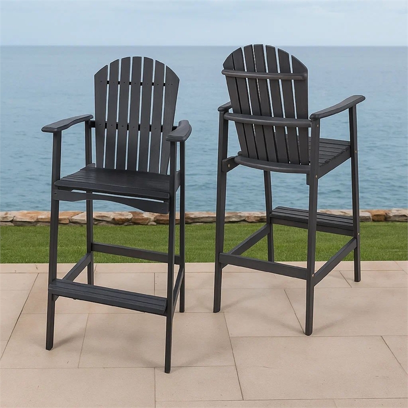 Outdoor Barstool Chair Set of 2- Rustic Slatted Back- Dark Gray Wood
