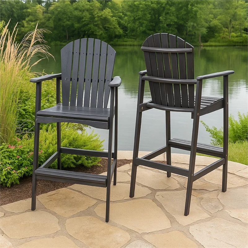 Outdoor Barstool Chair Set of 2- Rustic Slatted Back- Dark Gray Wood