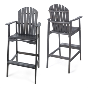 Outdoor Barstool Chair Set of 2- Rustic Slatted Back- Dark Gray Wood