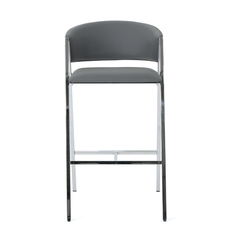 Zoy Barstool Chair Set of 2- Gray Faux Leather Padded- Chrome Iron