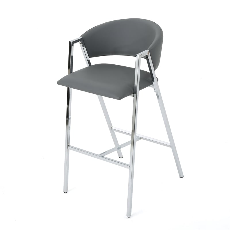 Zoy Barstool Chair Set of 2- Gray Faux Leather Padded- Chrome Iron