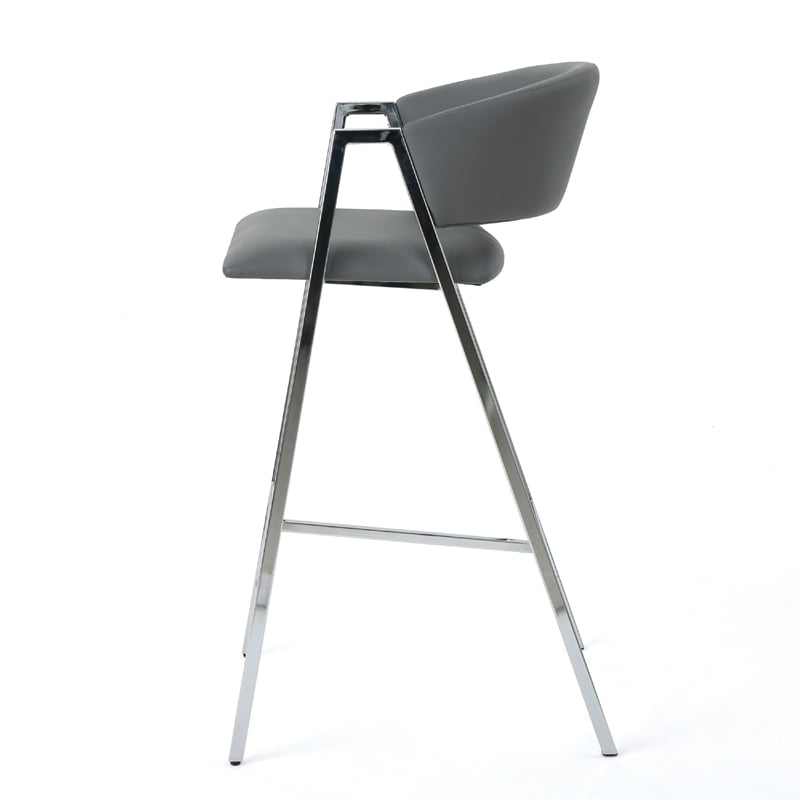 Zoy Barstool Chair Set of 2- Gray Faux Leather Padded- Chrome Iron