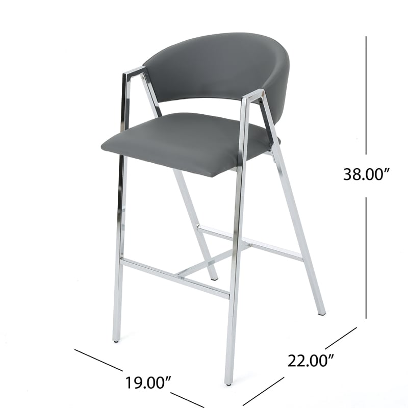 Zoy Barstool Chair Set of 2- Gray Faux Leather Padded- Chrome Iron