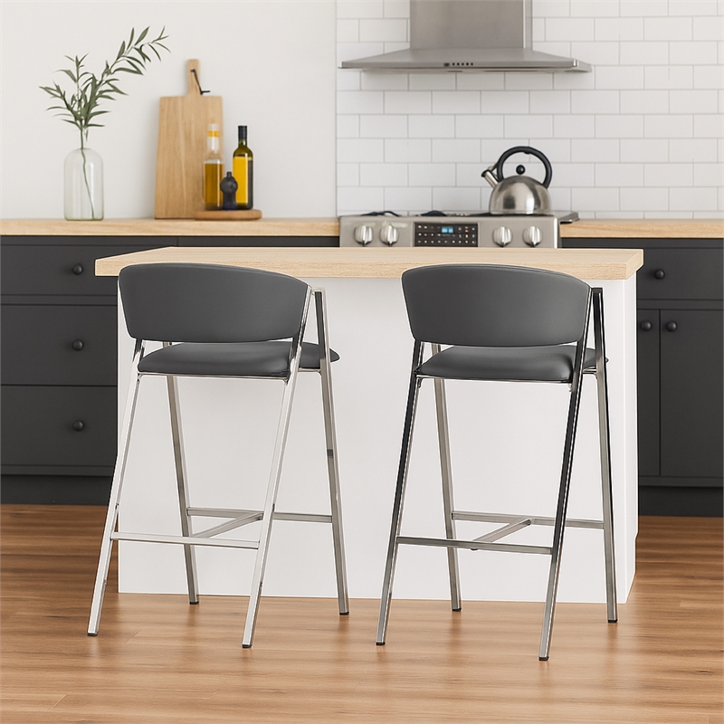 Zoy Barstool Chair Set of 2- Gray Faux Leather Padded- Chrome Iron