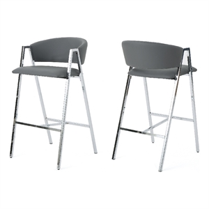 Zoy Barstool Chair Set of 2- Gray Faux Leather Padded- Chrome Iron