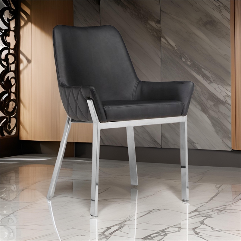 Fuma 23 Inch Set of 2 Dining Chairs- Foam Fill- Black Faux Leather- Silver