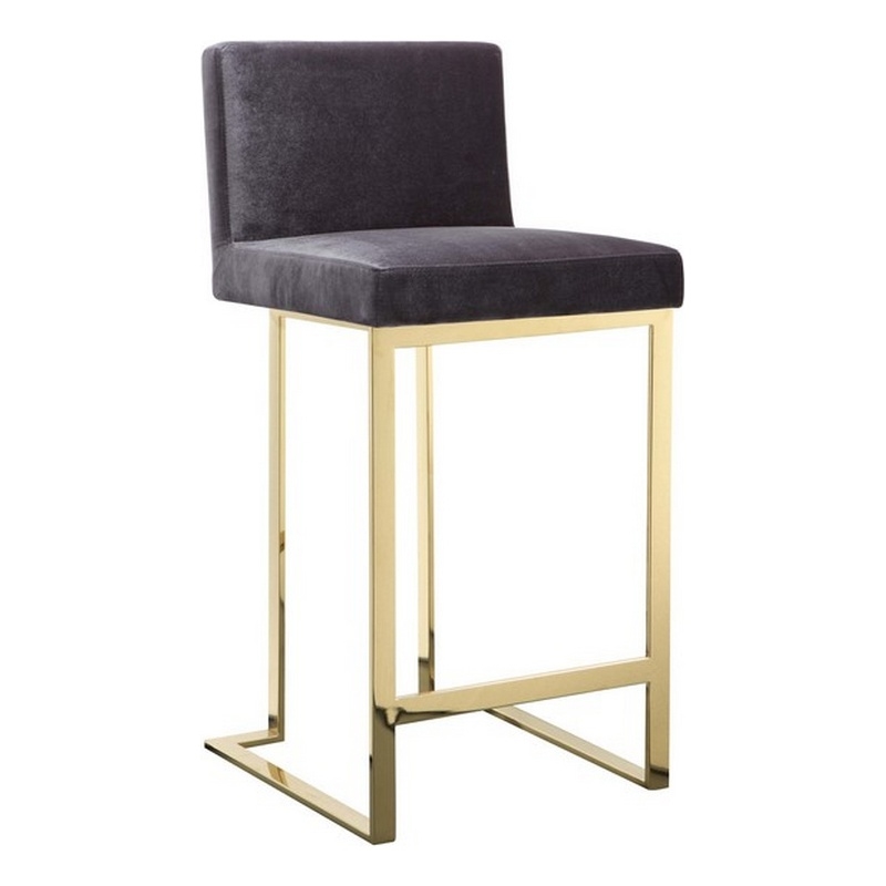 Boly 26 Inch Counter Stool Chair- Cushioned Gray Velvet- Gold Cantilever