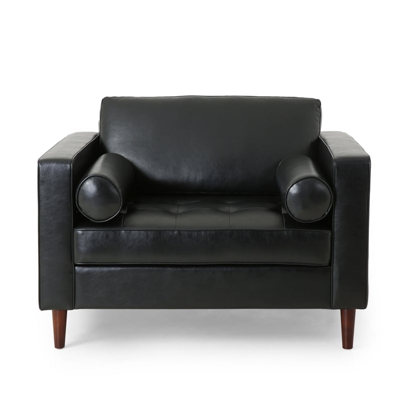 Accent Club Chair- 45 Inch Padded Seat- Birch Wood Legs- Black Faux Leather