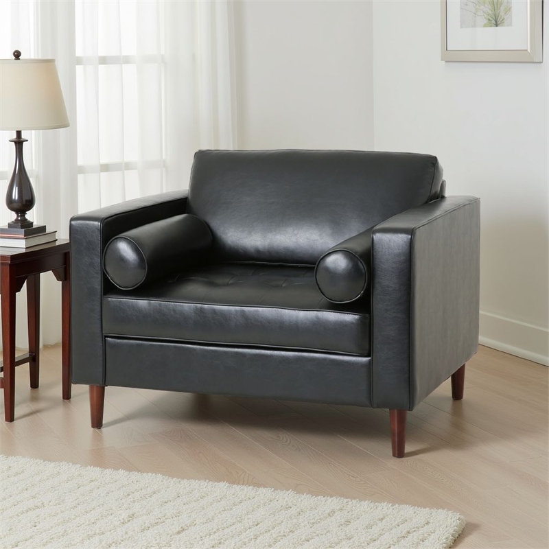 Accent Club Chair- 45 Inch Padded Seat- Birch Wood Legs- Black Faux Leather
