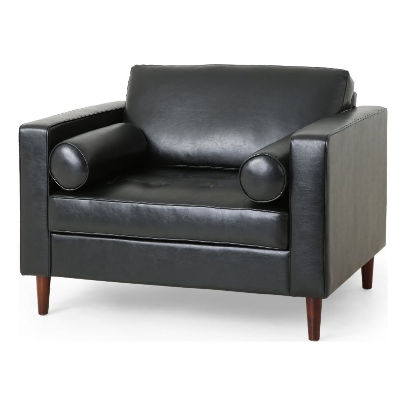 Accent Club Chair- 45 Inch Padded Seat- Birch Wood Legs- Black Faux Leather