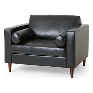 Accent Club Chair- 45 Inch Padded Seat- Birch Wood Legs- Black Faux Leather