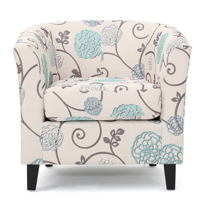 Accent Club Chair- Round Arms- Cream Blue Fabric Floral Details- Birch Wood