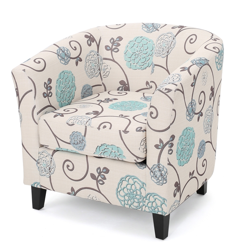 Accent Club Chair- Round Arms- Cream Blue Fabric Floral Details- Birch Wood
