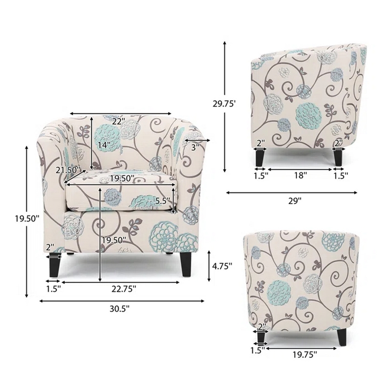 Accent Club Chair- Round Arms- Cream Blue Fabric Floral Details- Birch Wood